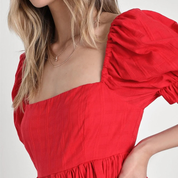 Lulu’s A Day in Paris Red Square Neck Puff Sleeve Babydoll Dress - Picture 3 of 8
